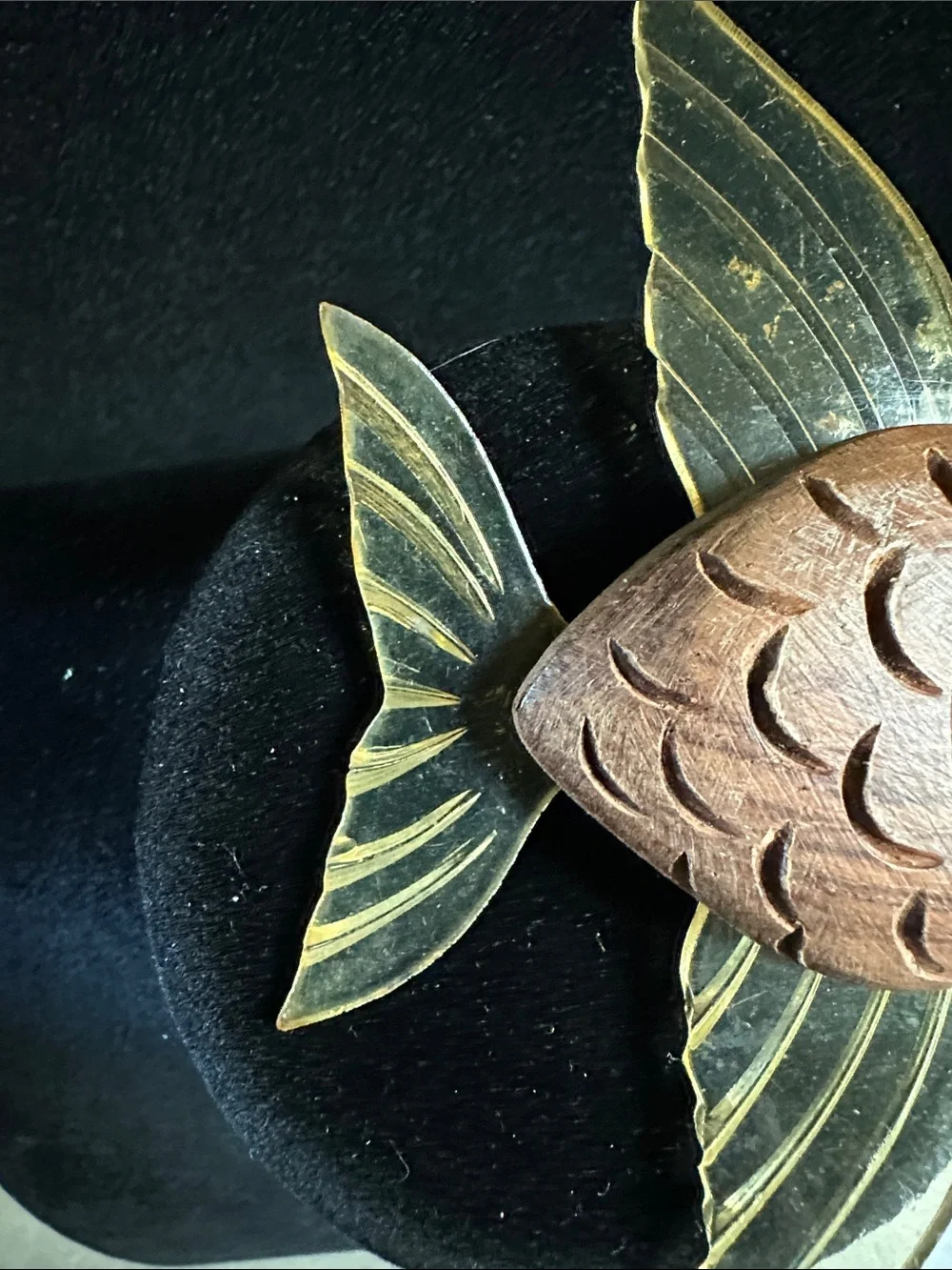 Vintage 1940s Carved Wood & Lucite Jelly Belly Flying Fish Brooch Pin WWII Era
